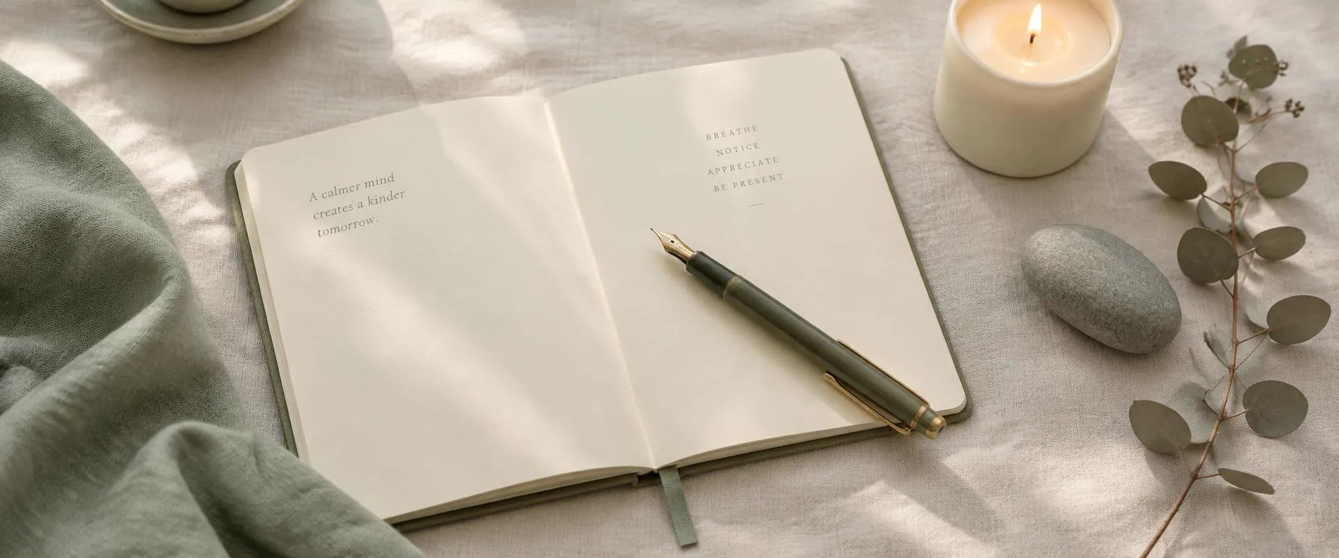 An open notebook with a pen, a lit candle and dried eucalyptus in soft morning light