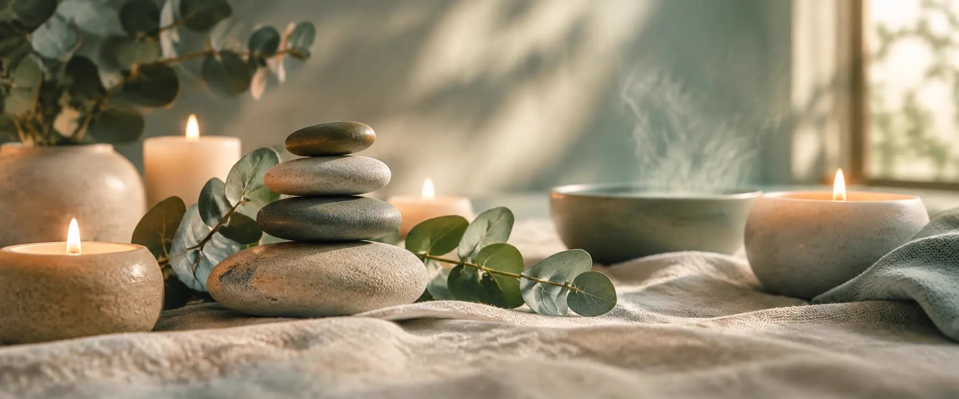 Candles, smooth pebbles and eucalyptus in soft calming light