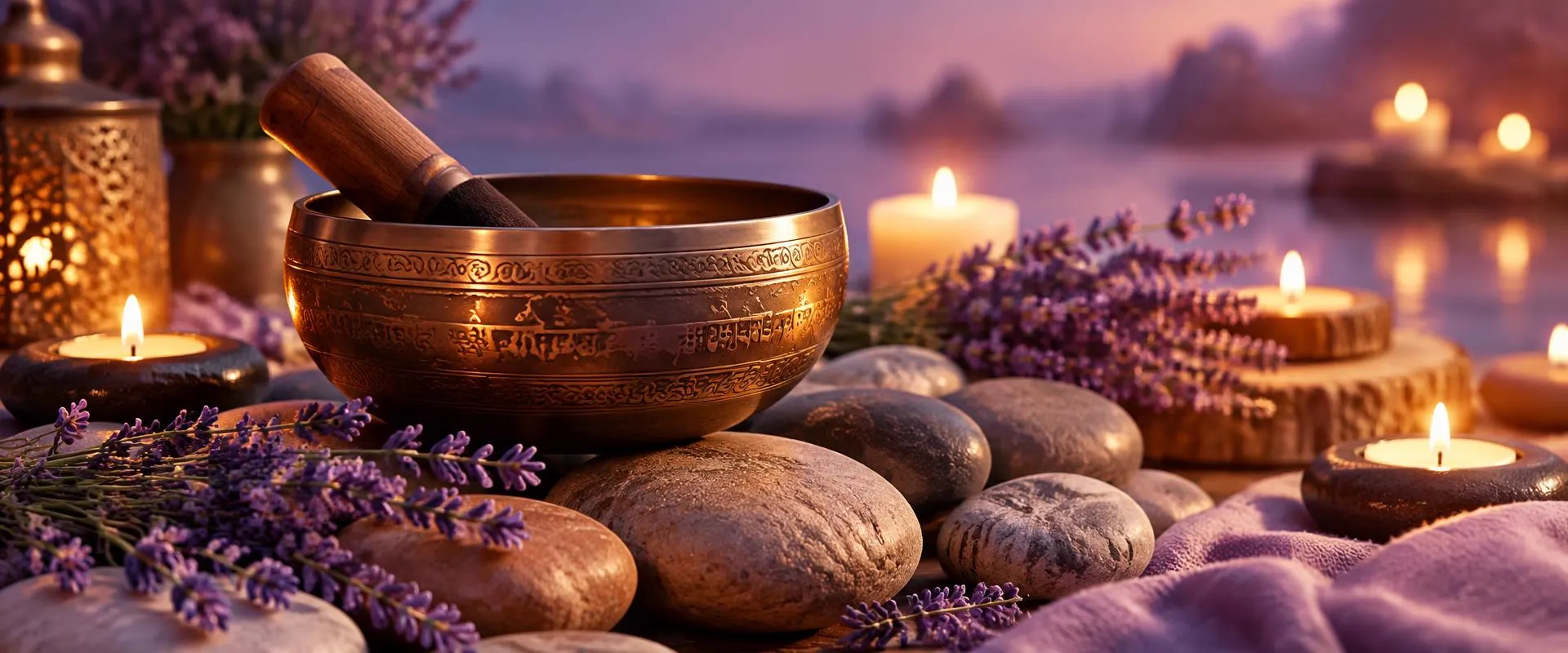 A singing bowl resting on warm stones with lavender and candlelight